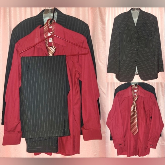 Haggar Black Pinstripe Suit Jacket 40S Pants 32x30 Van Heusen Shirt 32/33 M Tie